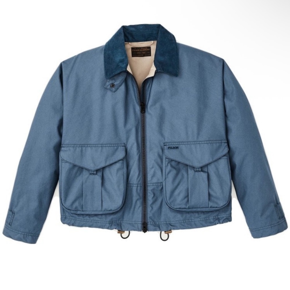 Filson women’s aviator cropped blue cloth work jacket